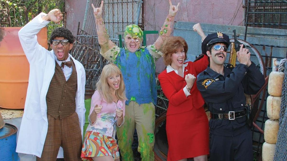 
Dexter Carr, Julie Kleiner, Clay Cartland, Laura Hodos and Joshua Dobarganes stay cheerful in the face of toxic peril in ‘The Toxic Avenger.’
