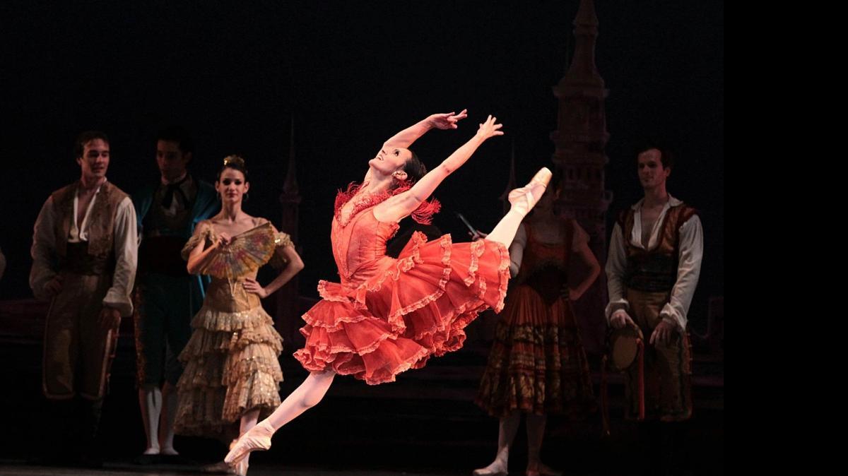 
Mary Carmen Catoya takes a leap as Kitri in Miami City Ballet’s ‘Don Quixote’ at the Broward Center.

