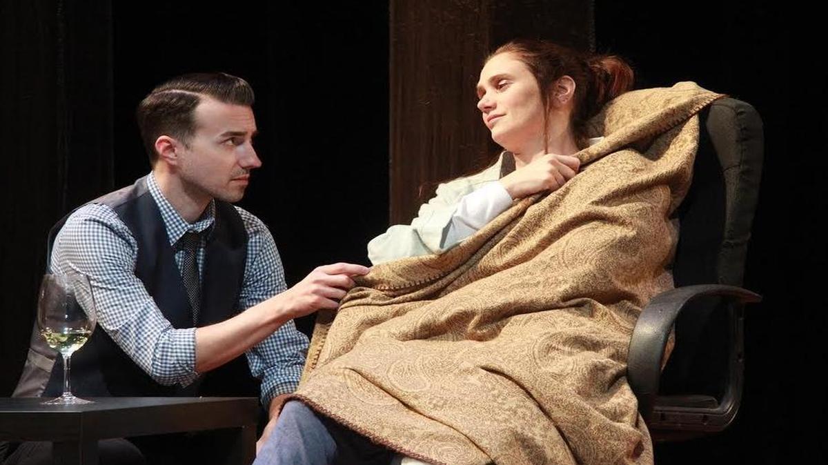 Donor Jack (Cliff Burgess) keeps an eye on Joy (Jennifer Christa Palmer), the recipient of his heart in ‘The Tin Woman’ at Actors’ Playhouse.