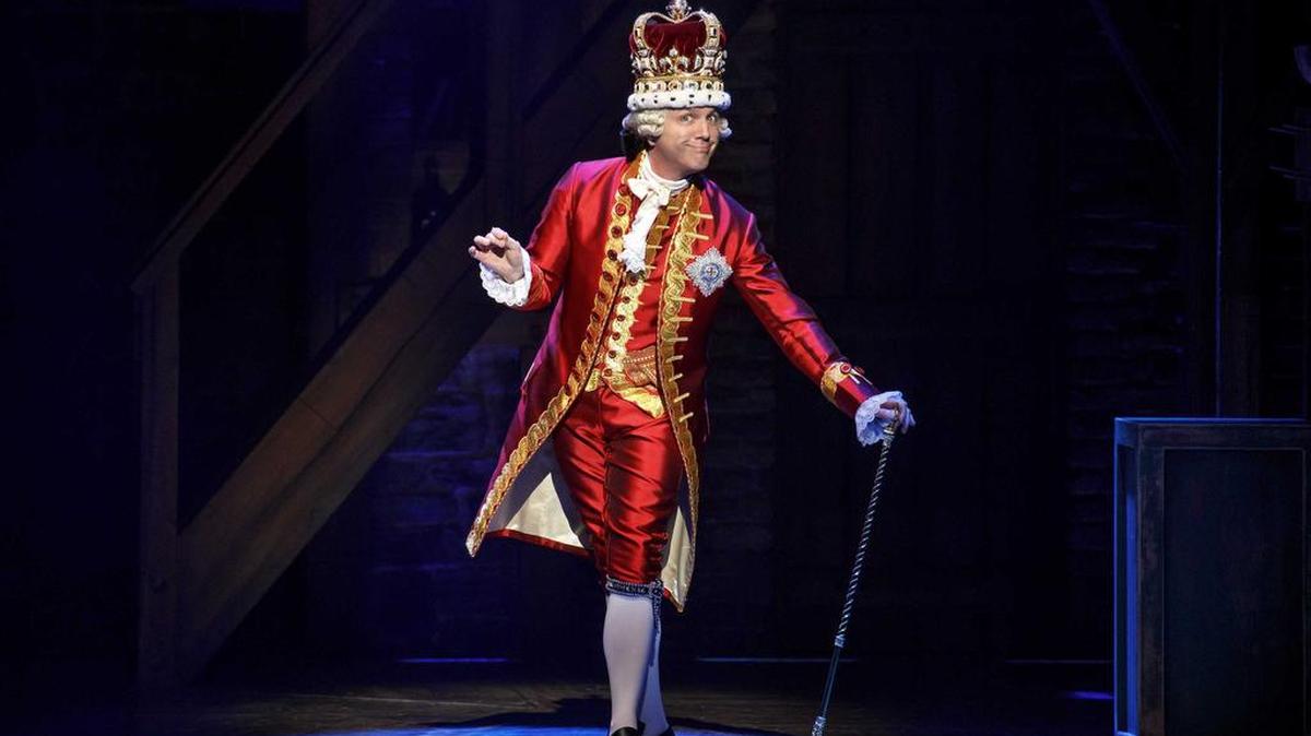 Jon Patrick Walker plays the bemused and befuddled King George in “Hamilton” at the Broward Center.