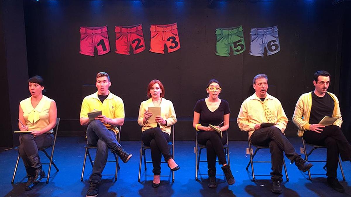 
The Shorts Gone Wild 3 cast (from left, Niki Fridh, Craig Moody, Christina Groom, Gladys Ramirez, Larry Buzzeo and Antonio Amadeo) considers ‘The Agenda.’
