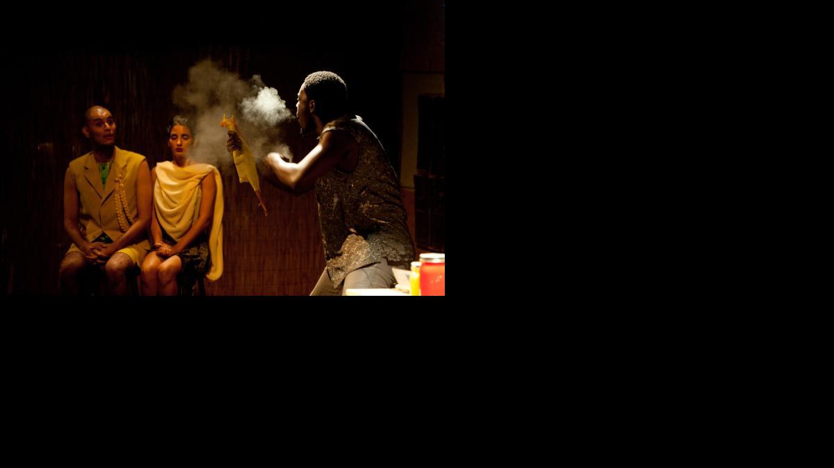 
Marquise Rogers works some magic for Andres Maldonado and Maria Corina Ramirez in the new work ‘Voices of the Island’ at Miami Theater Center’s SandBox.
