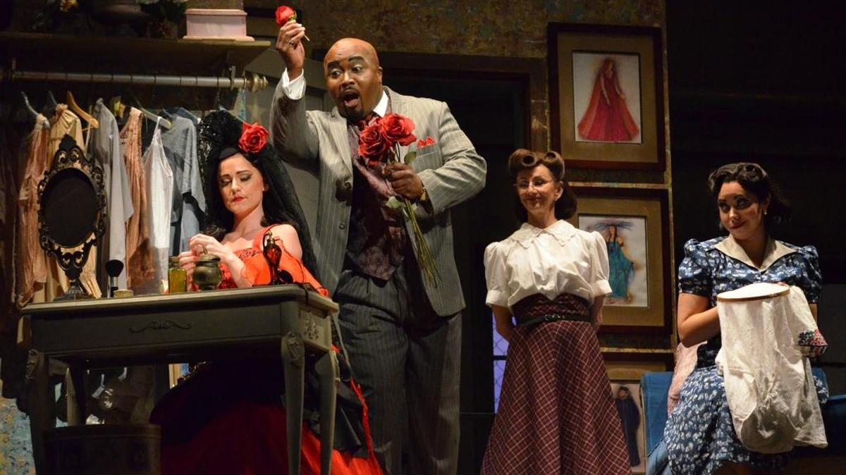 Kevin Short as Dr. Bartolo woos Megan Marino as Rosina in Florida Grand Opera’s ‘The Barber of Seville.’