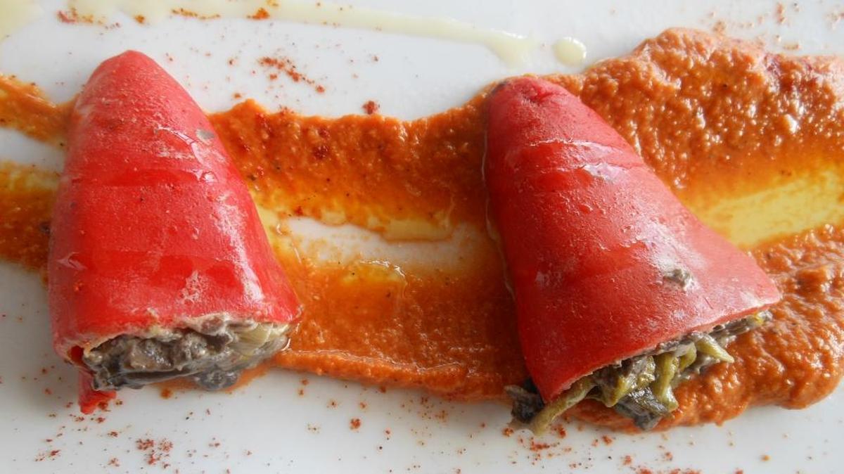 Piquillo pepper stuffed with a mixture of goat cheese, proscuitto and portobello mushroom in romesco sauce served at Ferraro’s Kitchen & Wine Bar, 79th Street, Shorecrest.