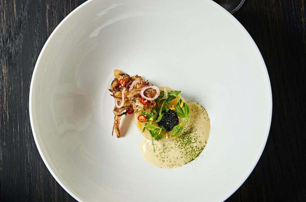 Jeremy Ford creates dishes with contrast at Stubborn Seed, such as this celery root, tempuraed to create a crispy contrast with a pool of creamy mustard.