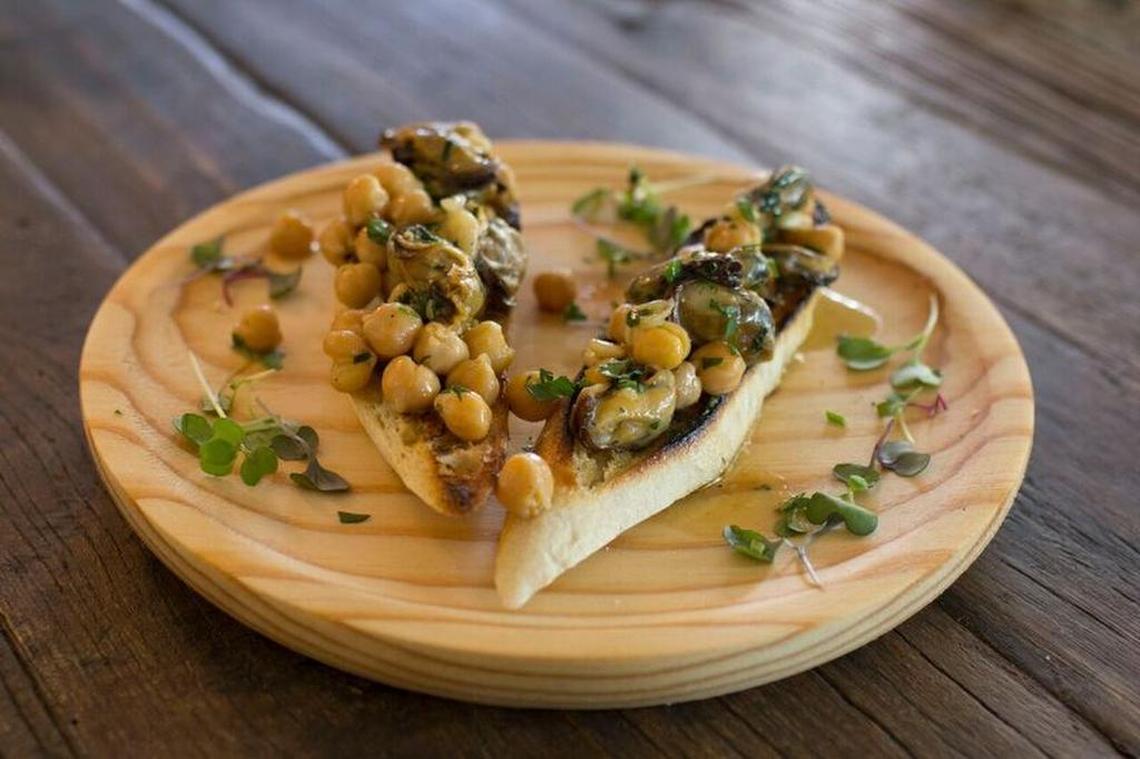 Crostino with mussels, chickpeas and lemon-mint dressing at Panarea Mediterranean Sea Grill.