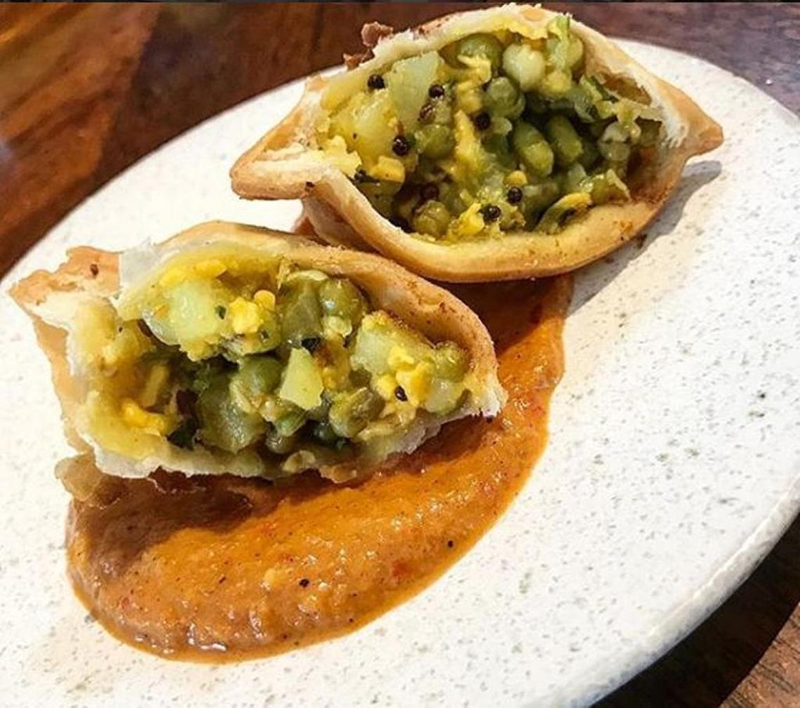 Mung bean samosas with aged cheddar and roasted pepper at Ghee Indian Kitchen.