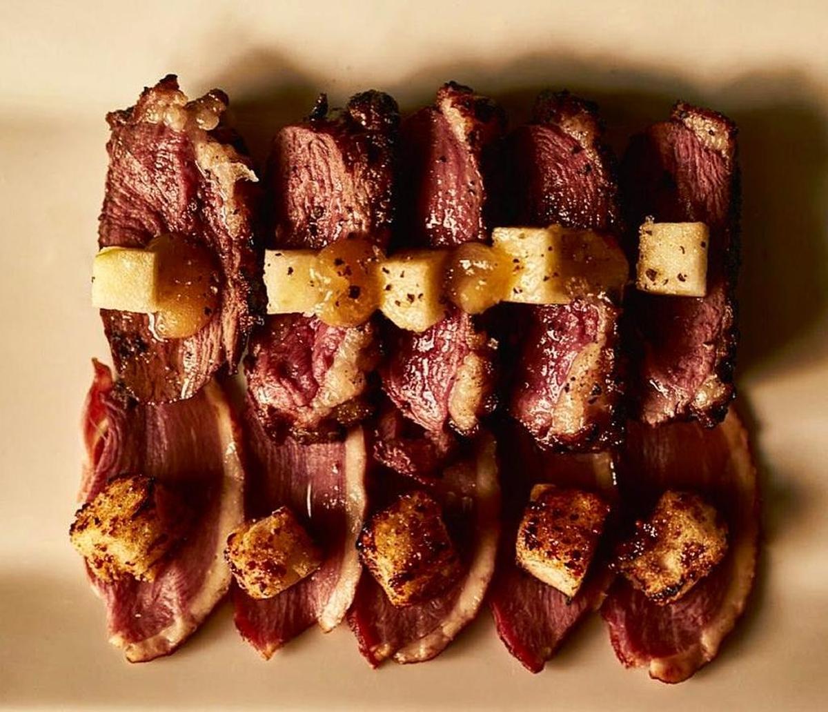 Lomas shows his skill and the Josper’s flexibility with his Duck 2 Ways. In one, the duck is cured and served in bite-size slices. In the other, it is grilled and served with cubes of tart apple and an apple sauce.