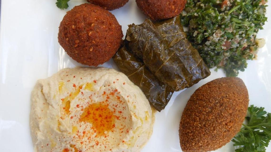 Falafel, grape leaves, hummus, tabbouleh and kibbeh.