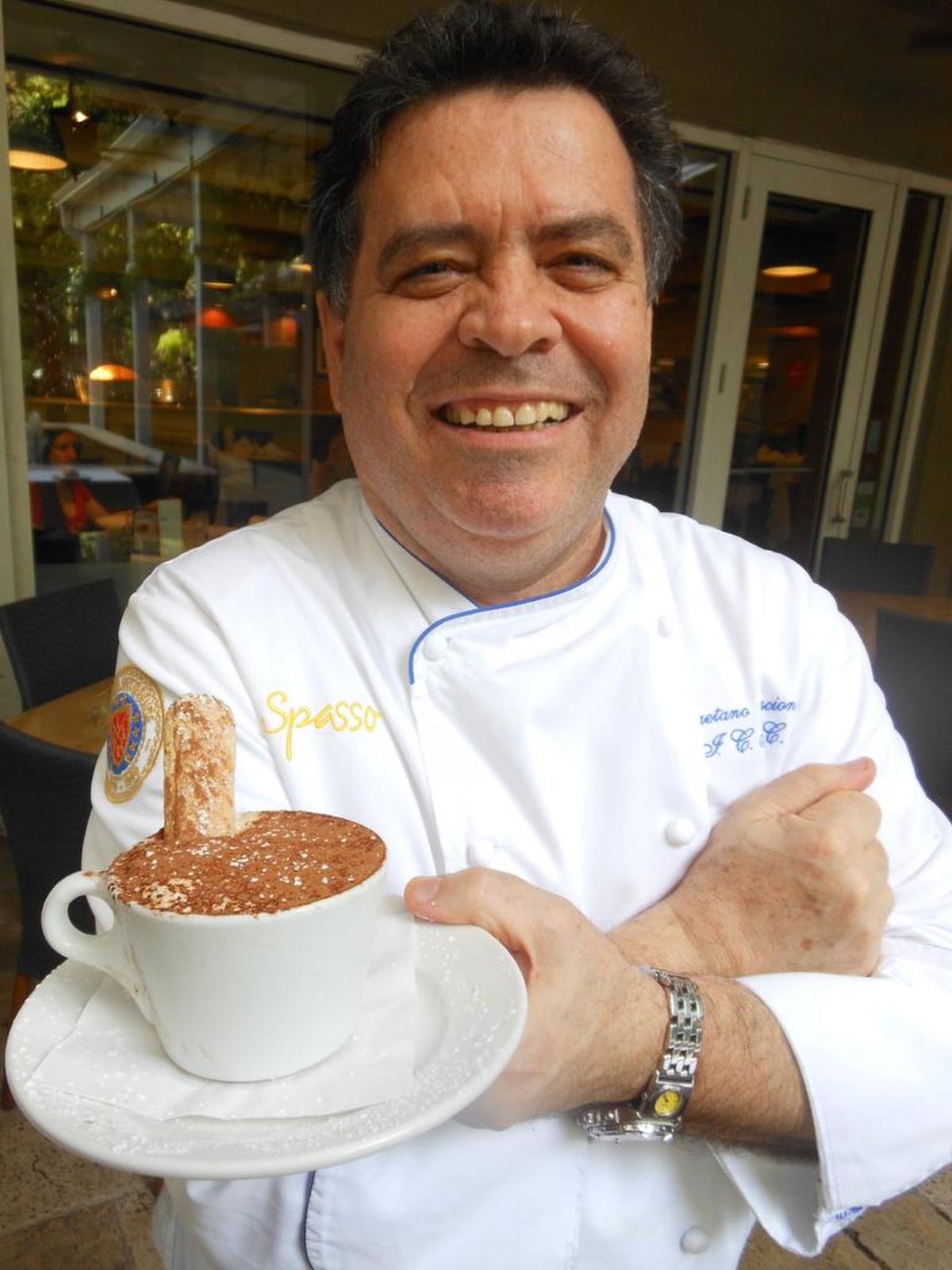 Chef Gaetano Asciono with a mug of tiramisu at Spasso Italian in Coconut Grove.