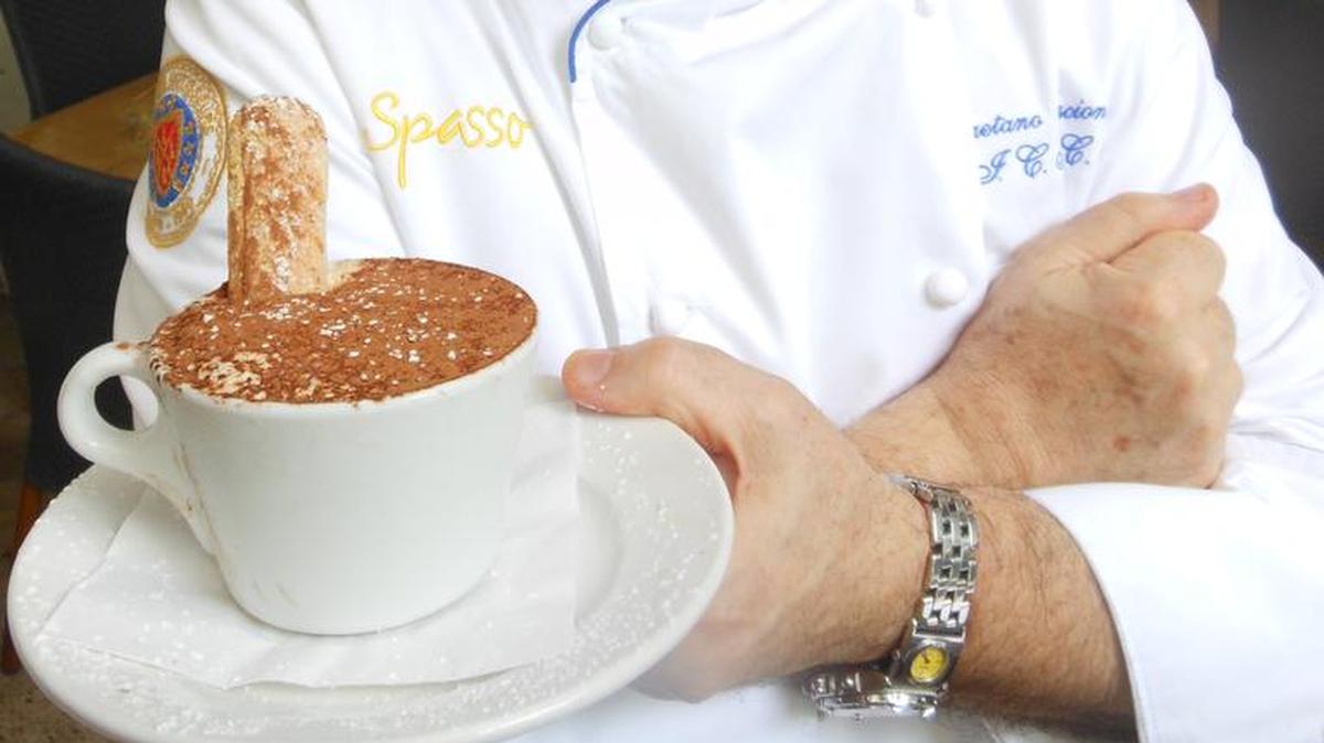Chef Gaetano Asciono with a mug of tiramisu at Spasso Italian in Coconut Grove.