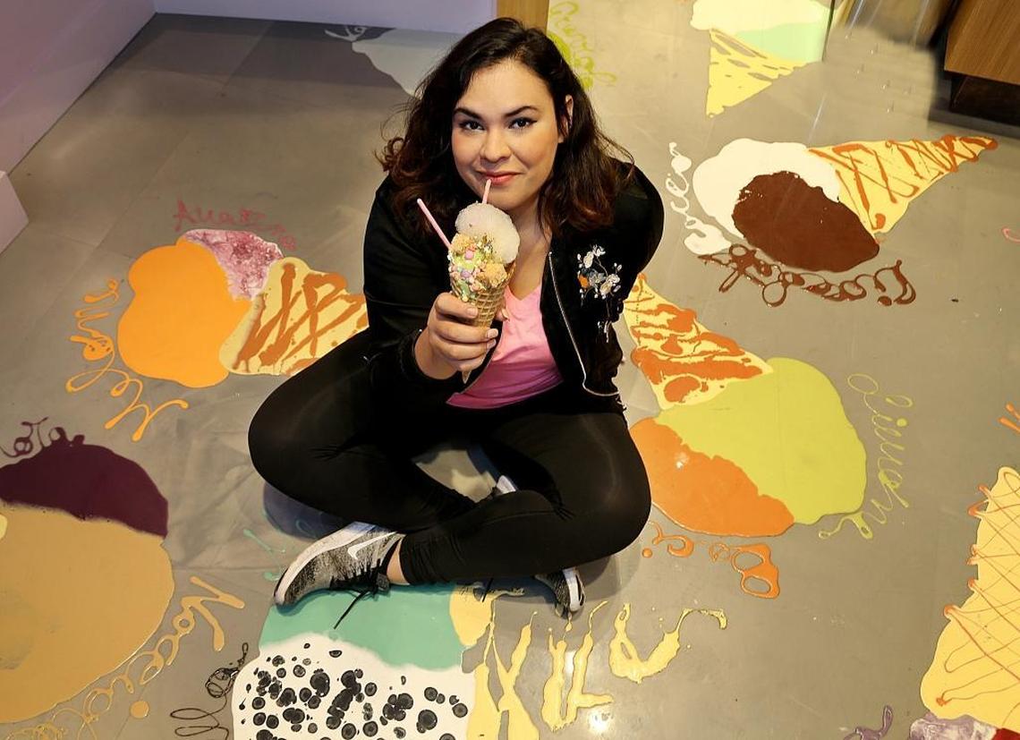 Owner Soraya Kilgore displays one of the many ice creams offered at her MadLab Creamery in the Design District’s Palm Court. MadLab offers gourmet soft serve, Japanese cheesecake, and house-made chocolate bark.