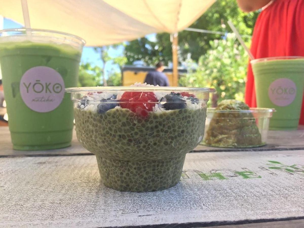 Sweet chia seed pudding with a green tea drink at Yoko Matcha.