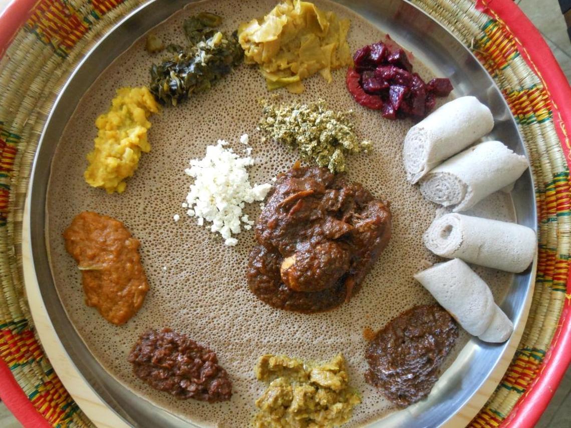 Combination injera platter with wats at Awash Ethiopian Restaurant.
