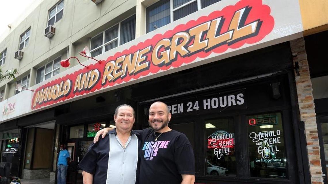 Manolo Lirio with his son, Eddy, at their new downtown location, at 281 NE 1st St. Manolo opened the original Manolo and Rene's café in downtown Miami more than 40 years ago. It stayed open 24-7, closing only on Christmas, and became a favorite hangout of lunch cafecitio crowds to latenight Ultra party-goers. Hurricane Irma forced it to close and reopen down the block, in this new location.