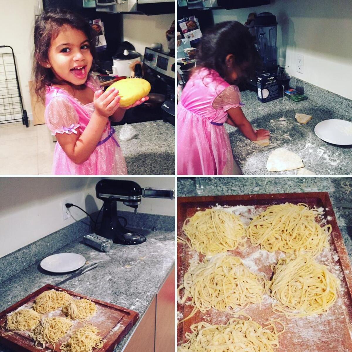 Sophia Pastor helps her father, Jim, executive chef at the Rusty Pelican, make pasta at home.
