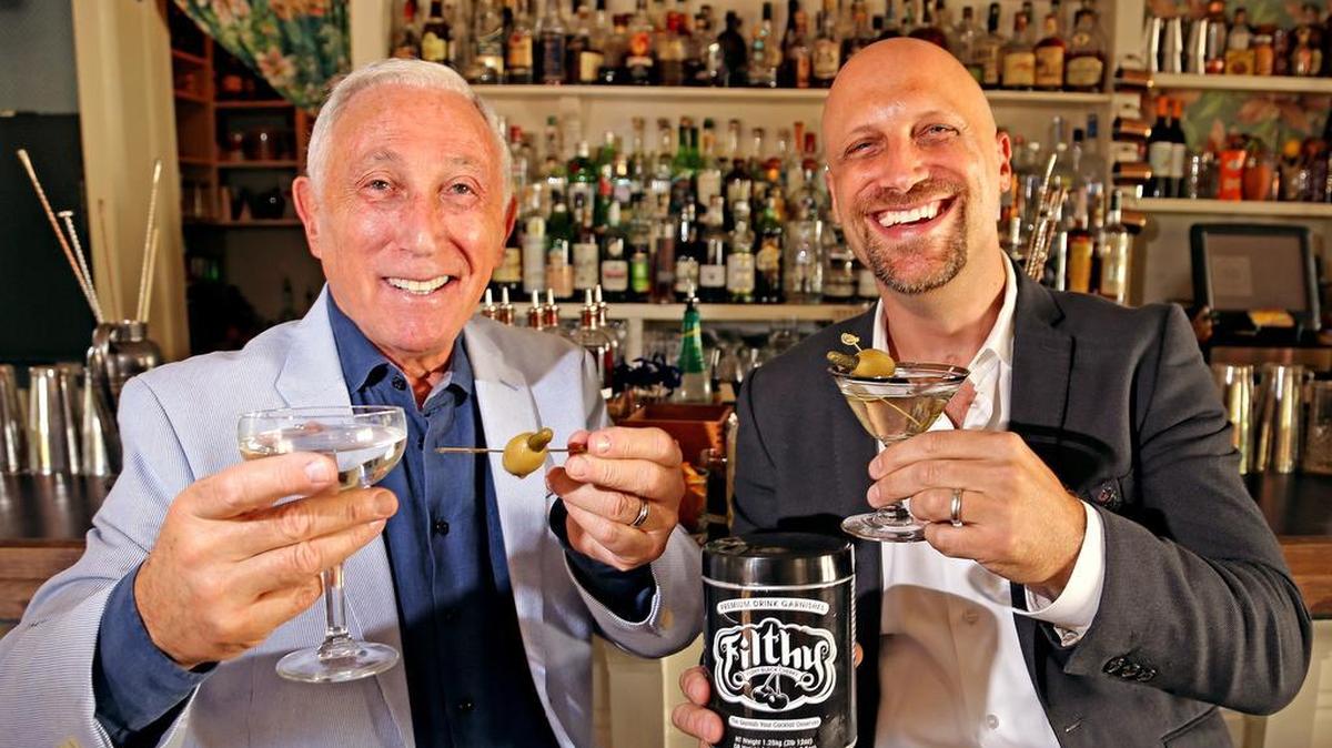 Ralph Singer with his son, Daniel Singer at the Broken Shaker cocktail bar in Miami Beach with olives from Filthy Food. The company’s premium cocktail garnishes add a creative twist to drinks.