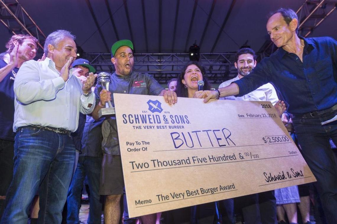 Michael Jenkins from Butter reacts after winning the $2,500 The Very Best Burger Award during the 2018 South Beach Wine & Food Festival’s Burger Bash in Miami Beach on Friday, Feb. 23, 2018.