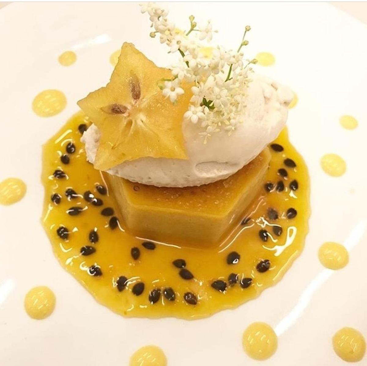 The new menu at Plant Miami is full of seasonal, Miami-sourced items, such as this passion fruit and star fruit flan, made with kelp.