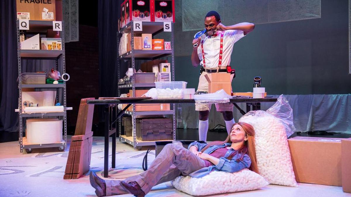 Jovon Jacobs and Irene Adjan play harried seasonal workers in “Fulfillment Center,” part of City Theatre’s Winter Shorts festival.