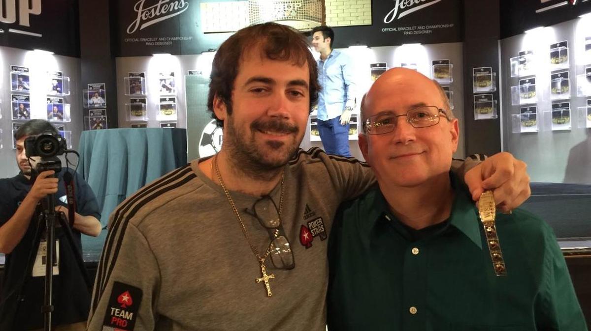 Jason Mercier, of Fort Lauderdale, celebrates his second World Series of Poker victory of the month with his father, Rick, in Las Vegas.