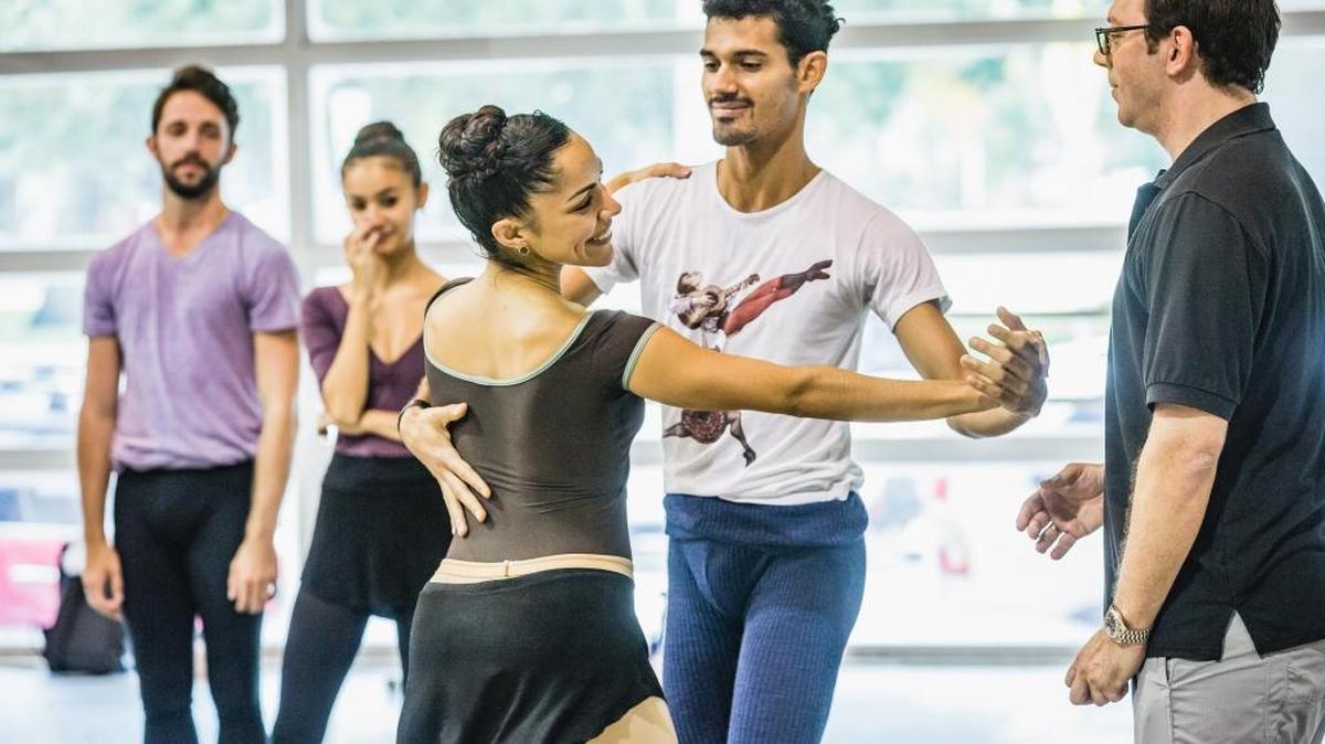 Alexei Ratmansky with Miami City Ballet’s Jeanette Delgado and Renan Cerdeiro in rehearsal for “The Fairy’s Kiss.”