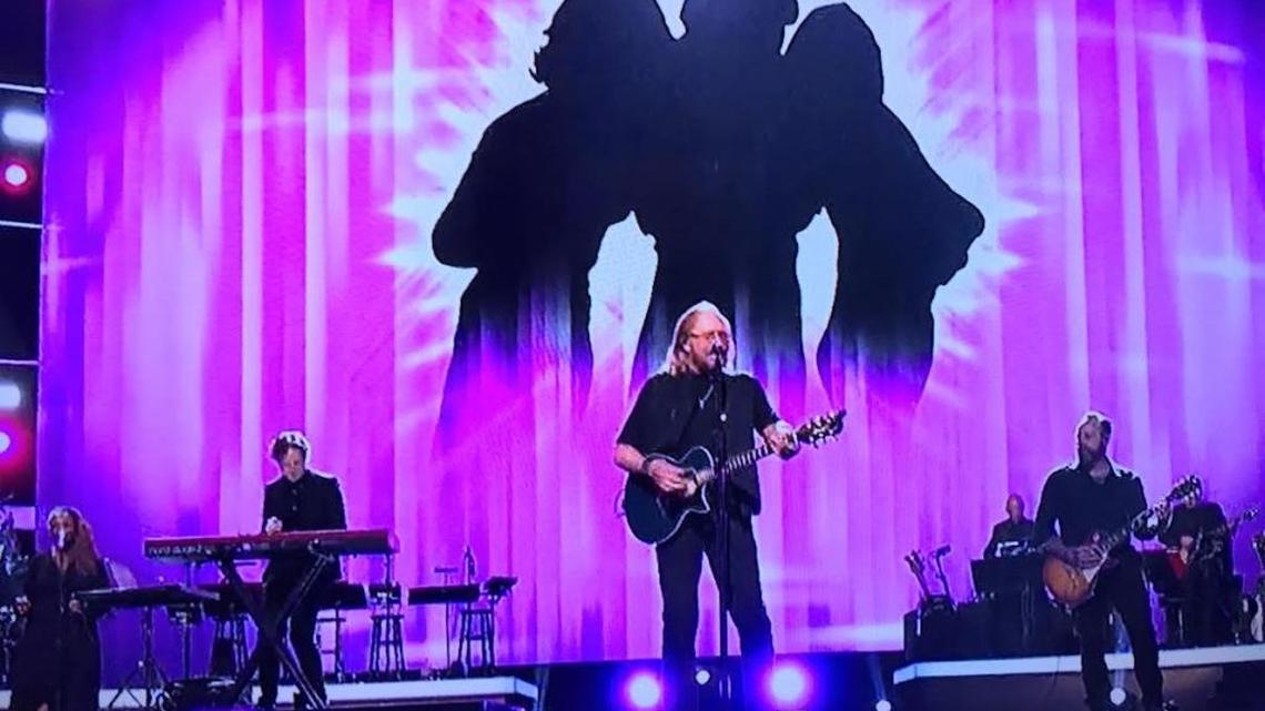 Barry Gibb performs a “Saturday Night Fever” medley of three songs to close a tribute special in this screengrab from CBS’ broadcast of “Stayin’ Alive: A Grammy Tribute to the Bee Gees” on Sunday, April 16, 2017.