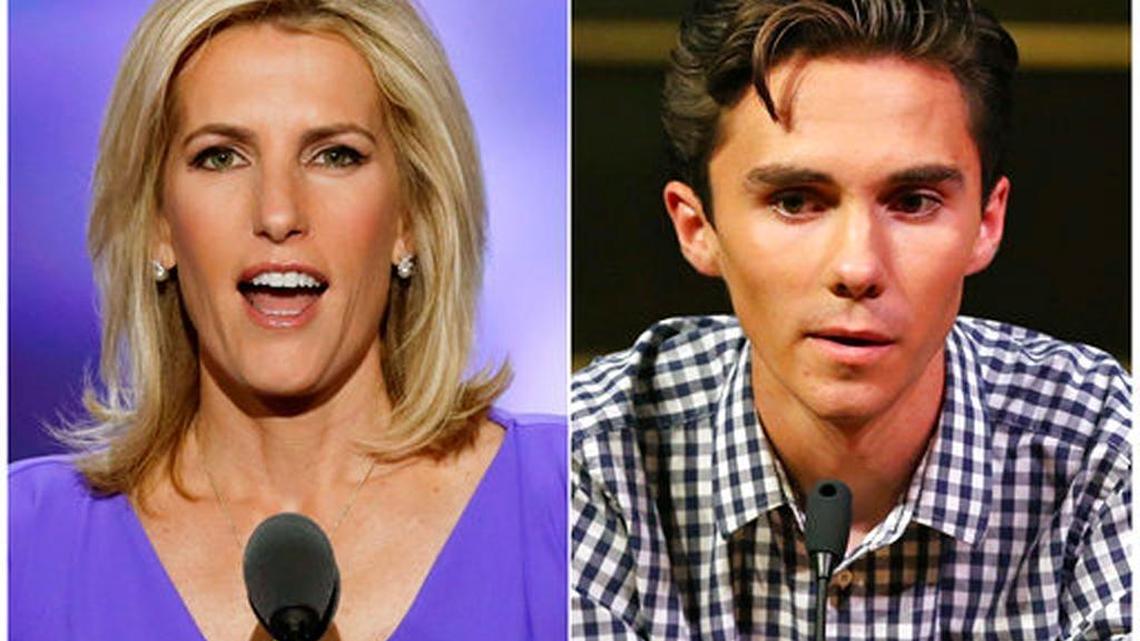 In this combination photo, Fox News personality Laura Ingraham speaks at the Republican National Convention in Cleveland on July 20, 2016, left, and David Hogg, a student survivor from Marjory Stoneman Douglas High School in Parkland, speaks at a rally for gun legislation in Livingston, New Jersey, on Feb. 25, 2018. On March 30, 2018, Ingraham announced she was stepping down from her show for a week following Easter after advertisers pulled support when she publicly criticized Hogg.
