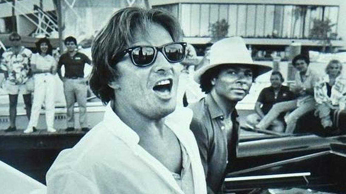 
Cruising: Don Johnson and Philip Michael Thomas pull up to the Miami Marina in July 1985 to publicize the Miami-New York Offshore Challenge race.
