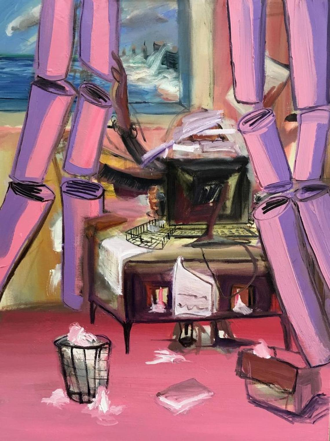 Natalya Laskis’s painting, “Overworked.” On display through August 6 at MOCA-North Miami as part of the South Florida Cultural Consortium show.