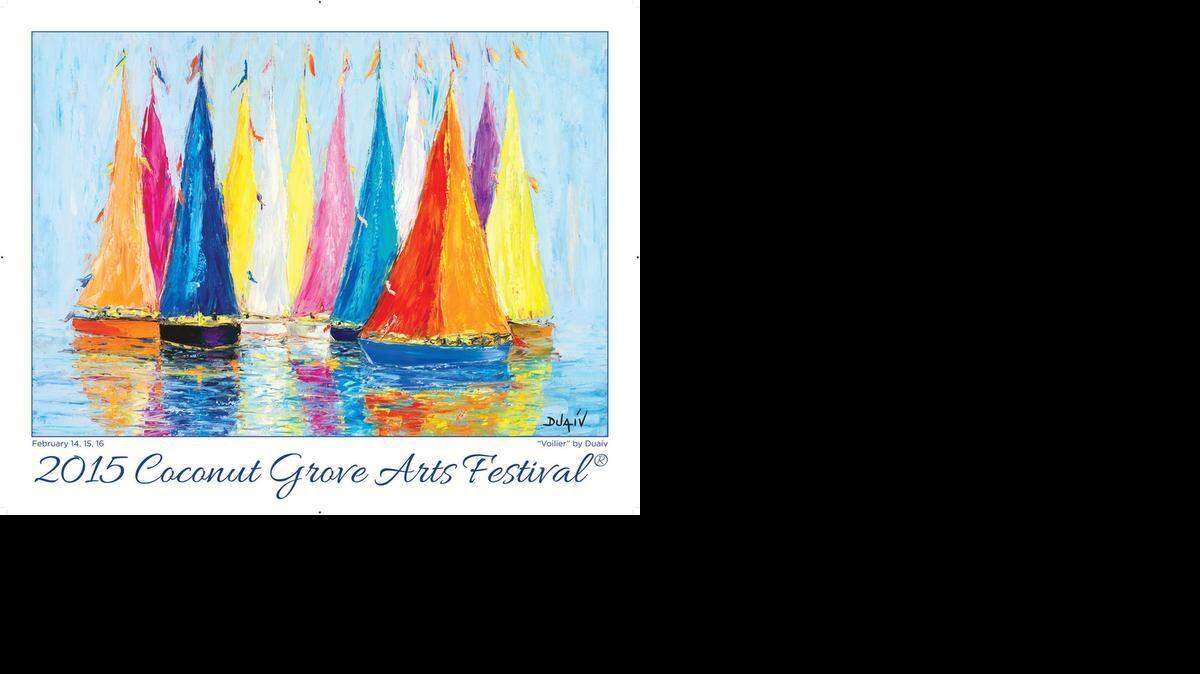 
The 52nd Annual Coconut Grove Arts Festival poster designed by Fench American artist Duaív features colorful sailboats.
