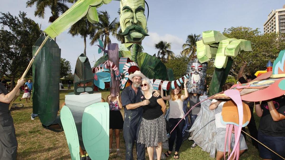 
June Puppet Parade at ArtsPark with Wayne White, Mimi Pond and student volunteers. White’s work is on display at the Art and Culture Center of Hollywood through Aug. 23, 2015. 
