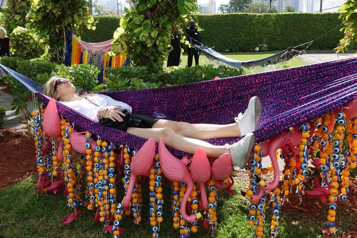 Artful hammocks outside the NADA fair at the Ice Place in downtown Miami provide a respite.
