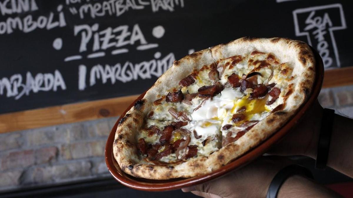 The Lombarda pizza, made with pancetta, gorgonzola and a fried egg on top at Macchialina Taverna Rustica, 820 Alton Rd., Miami Beach.