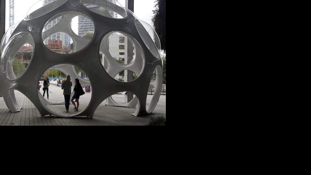 
Buckminster Fuller dome is displayed at the entrance to the Perez Art Museum Miami, which is exhibiting fresh work for Art Basel.
