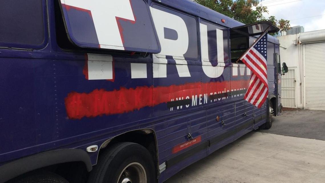 An anti-Trump bus booted out of a Miami art fair has found a new home in a cramped Wynwood courtyard.
