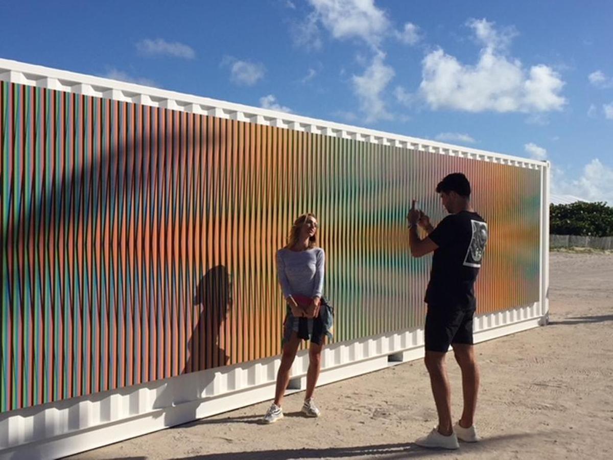 Artist Carlos Cruz-Diez is being celebrated at installations and fairs through the Miami area in 2017. This one, arranged by the Savannah College of Art & Design, is located at 1200 Ocean Drive in Miami Beach.