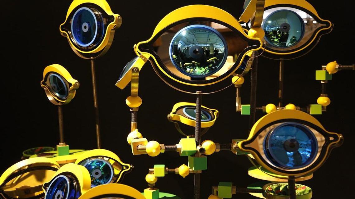 Milan-based Plus Design’s booth features design pieces that bring outdoor materials and pieces inside, including these mirrors by M/M Paris. (Duck behind them to see a remarkable collection of skateboards by Lucas Munoz.)