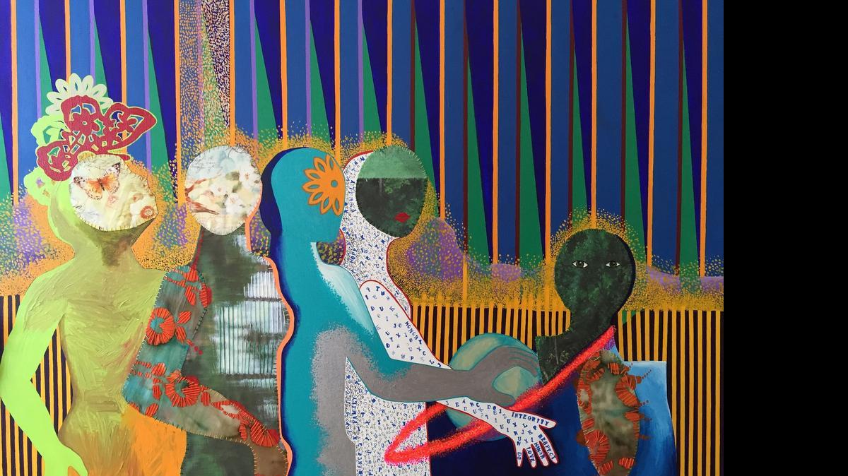 
‘Looking at You,’ a work by Isabel Perez Salazer in acrylic and fabric stitched on canvas, is part of the exhibition ‘Retrospective: Celebrating 7 Years of DBA’ at ArtServe.
