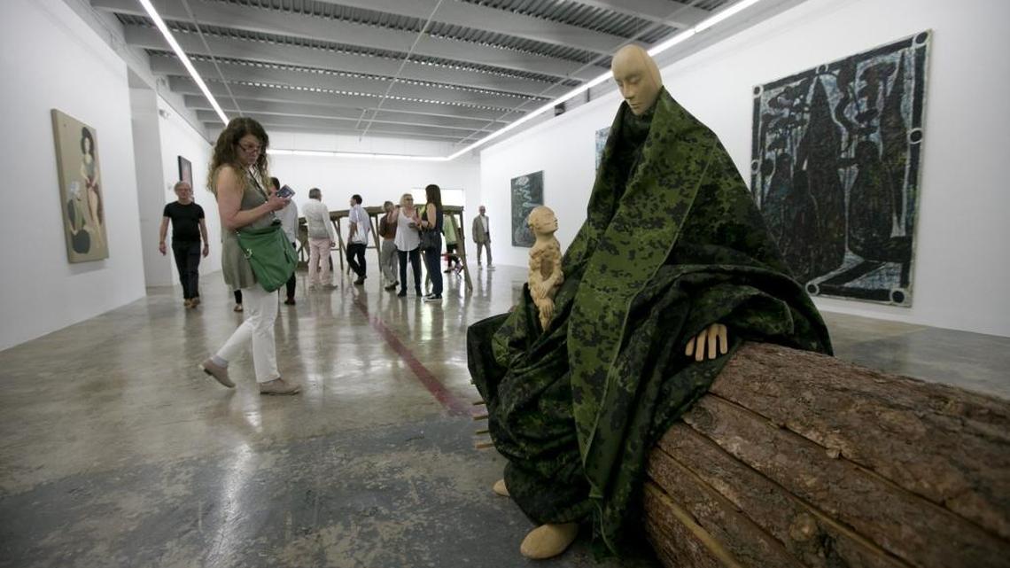 Limewood, larch tree and camouflage fabric by artist Paloma Varga Weisz during the annual interactive brunch / art installation at the Rubell Family Collection in Wynwood last year.