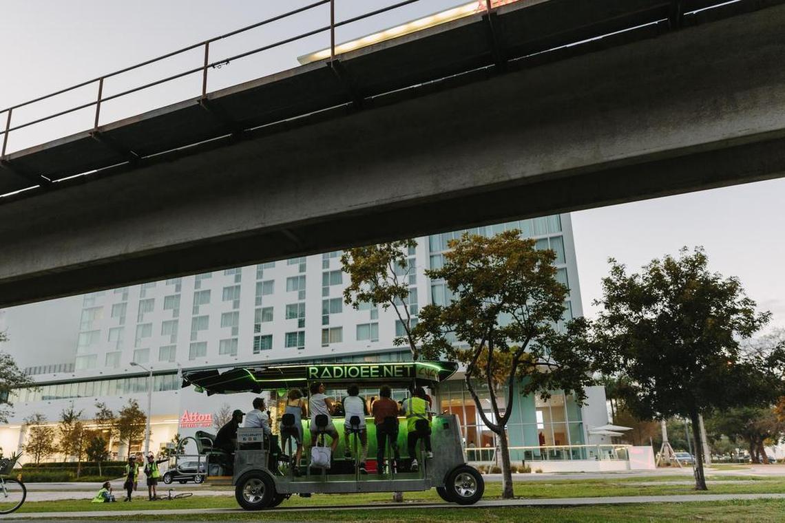 Agustina Woodgate and guests pedaled a mobile radio station while discussing transportation issues at the Underline in 2017, part of the Fringe Projects program.