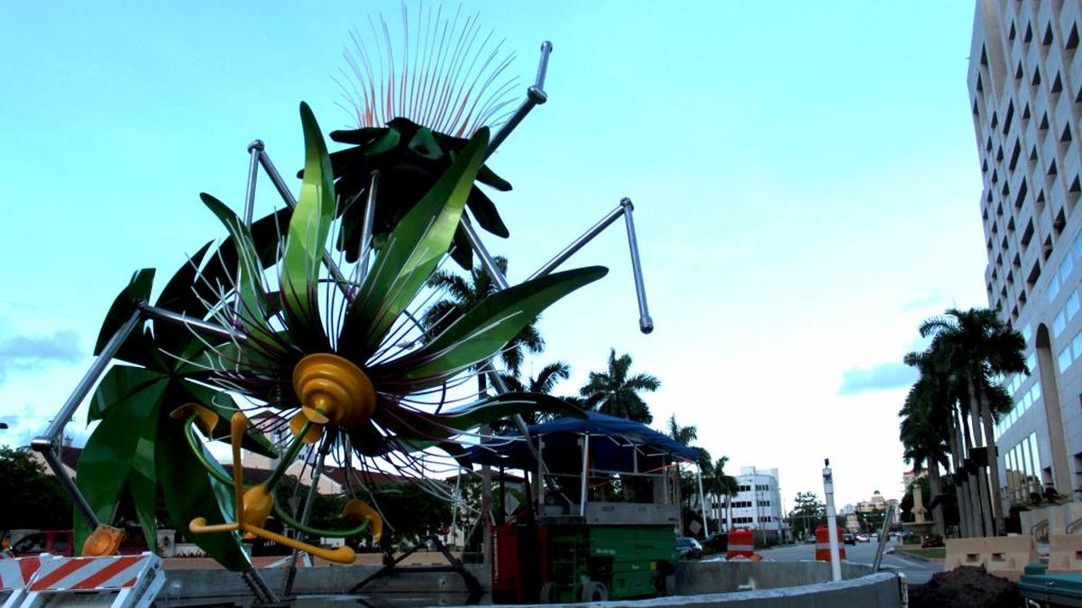 One of the sculptures under construction on the Segovia traffic circles in Coral Gables.