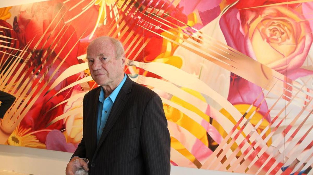 Artist James Rosenquist in front of his art work on display at Art Miami. Basel week kicks into gear with the opening of Art Miami and other fairs on Dec. 4, 2012.