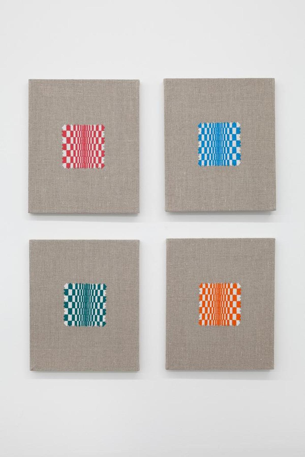 Elaine Reichek’s ‘Swatches: Riley 1-4’ is on display through Dec. 29, 2017, as part of the ‘Threads of Execution’ show at the Dimensions Variable art space.
