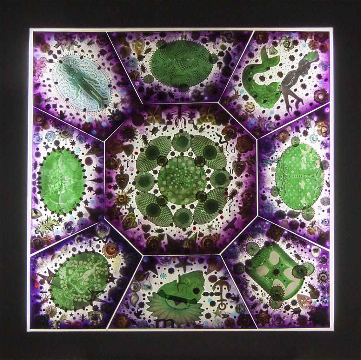 Edouart Duval-Carrié’s Memory windows incorporate themes from the curio cabinet, also part of the exhibition.