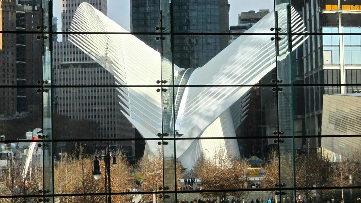 New Santiago Calatrava-designed Transportation Hub at Ground Zero in Lower Manhattan, as seen from across Memorial Park.