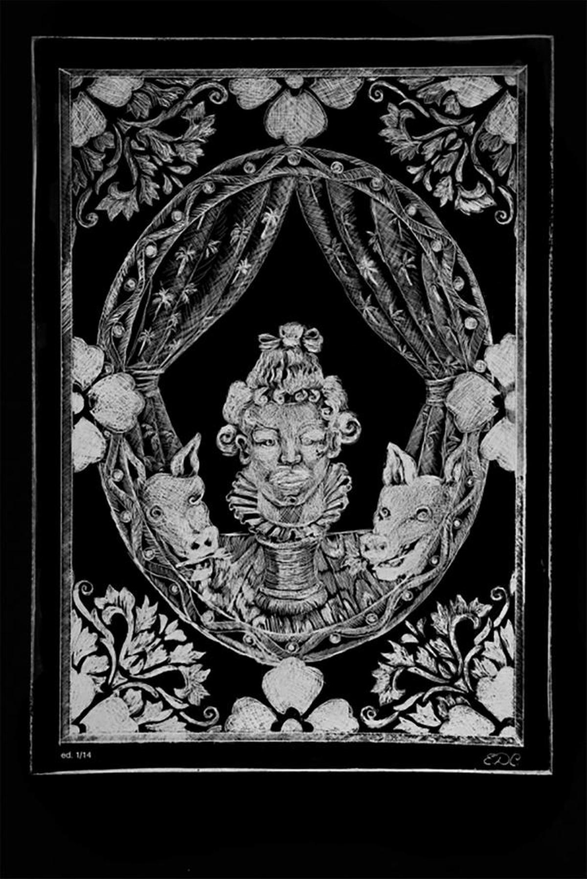 Edouart Duval-Carrié’s “L Etaldu Coiffeur,” an engraving on plexiglass. Part of his solo show at the Museum of Contemporary Art - North Miami through Nov. 5, 2017.