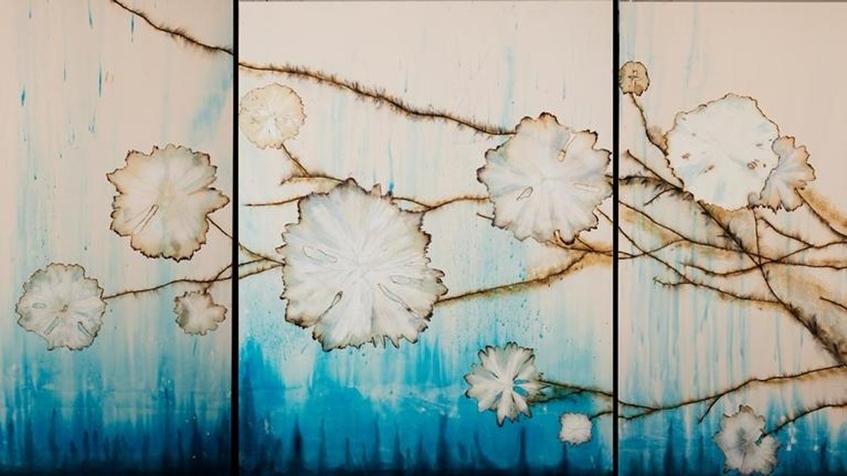 Approaching the Singularity (triptych), 2016, by Mira Lehr. Ignited fuses, gunpowder, resin, ink and acrylic on canvas. From the show “Mira Lehr: Second Nature” at Fairchild Tropical Botanic Garden through Oct. 3, 2016.