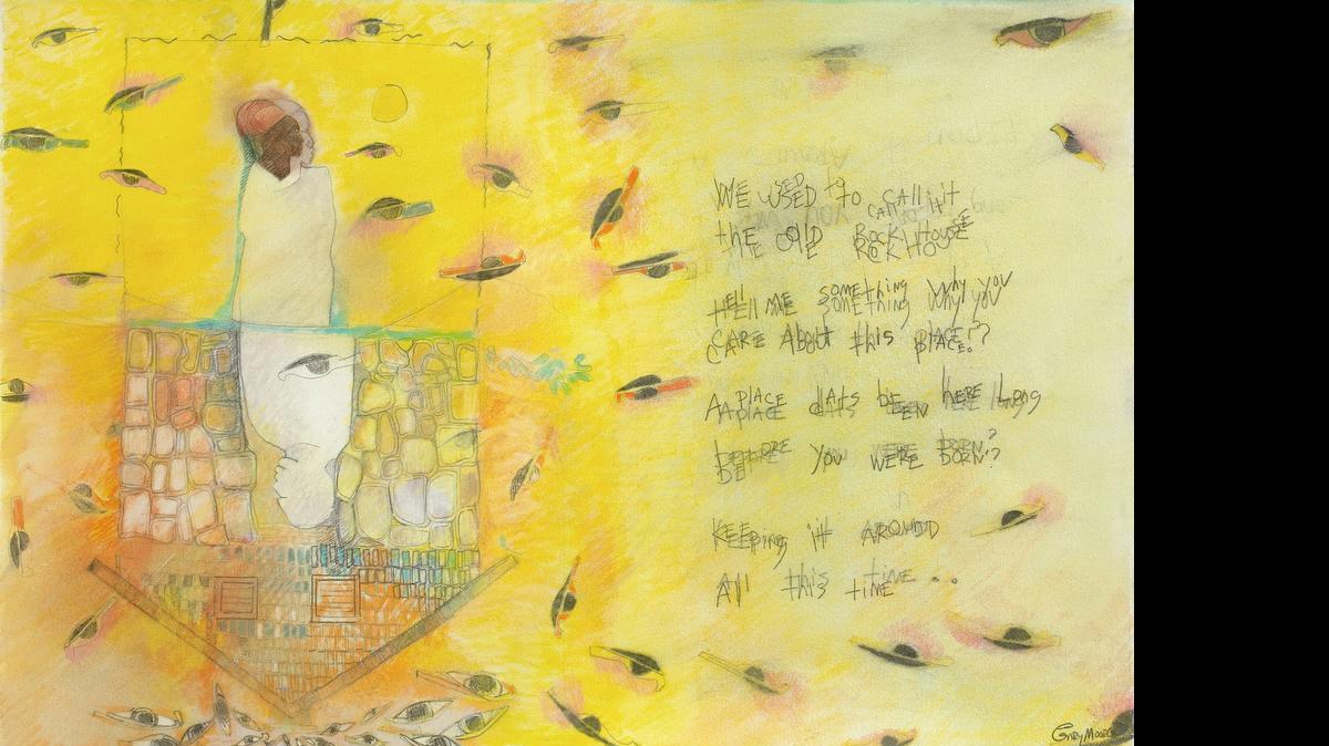 
A pencil-and-oil piece by Gary Moore and writer Nadege Green captures the spirit of the Old Plantation Slave Quarters in Lummus Park.
