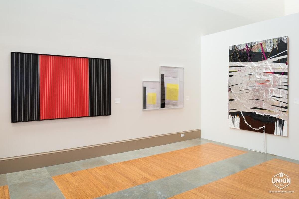 Installation view from left: Equinoccio de otoño (Autumnal Equinox, from the Daylight Series), Fernando García (b. 1945, Havana; d. 1989, Miami), oil on canvas; ‘Double Image Attached, 2013,’Angela Valella (b. 1948, Havana; lives in Miami), inkjet print on silver metallic paper; ‘Untitled, 2006-2007,’ Gean Moreno (b. 1972, New York; lives in Miami), mixed media on canvas.